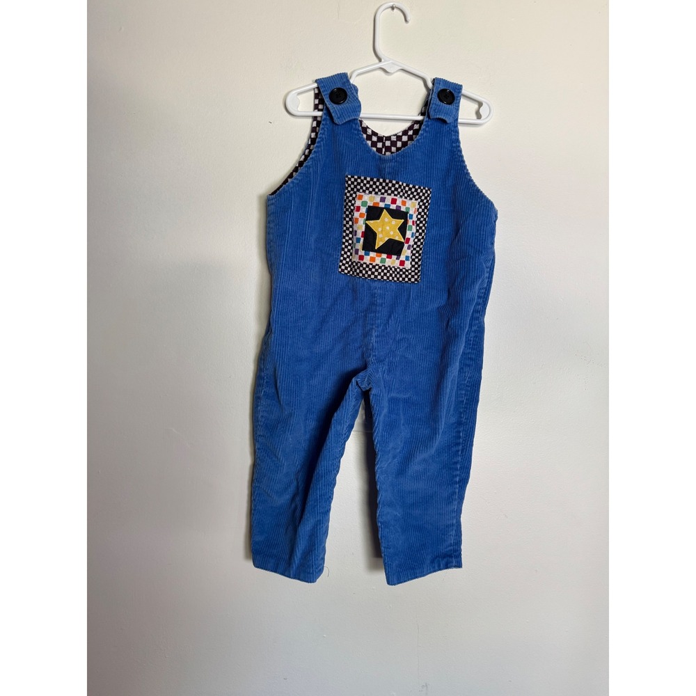 Vintage Kids Reversible Corduroy Overalls Blue Star Patch Checkered fits 3t
